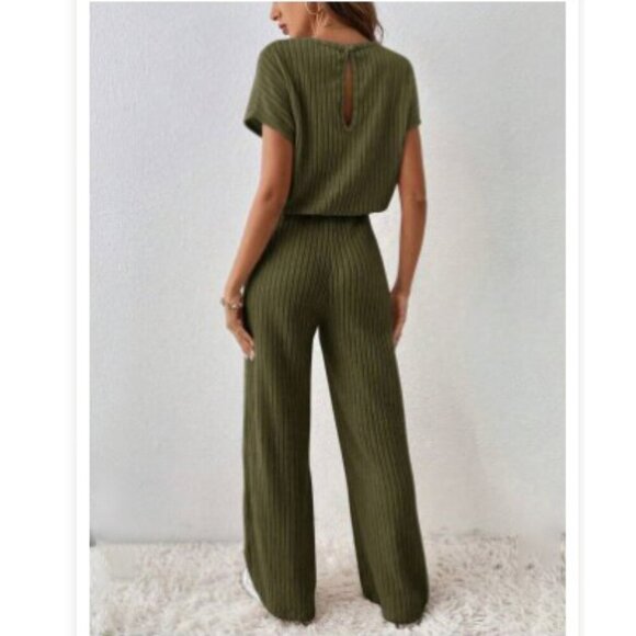 2 piece outfit tee shirt & wide leg pants lounge ribbed knit soft - Picture 2 of 8